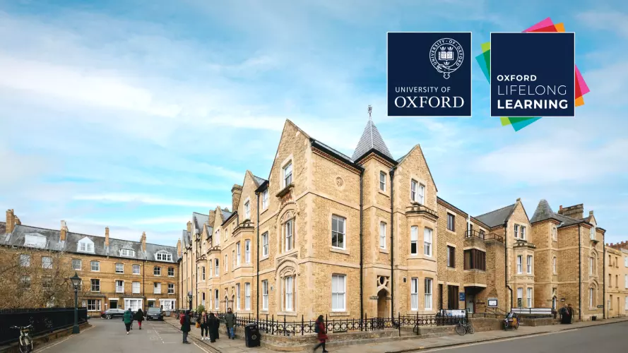 Rewley House in Oxford, home of Oxford Lifelong Learning, shown with University of Oxford and Oxford Lifelong Learning logos overlaid in the top right.