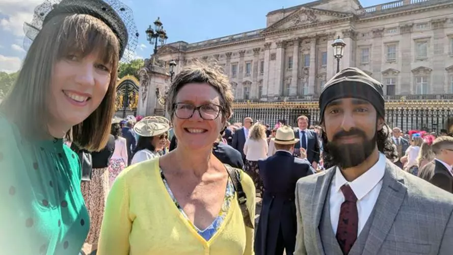 Caitriona Woolhouse, Dr Jo Begbie and former Astrophoria Foundation Year student, Bassam, outside Buckingham Palace