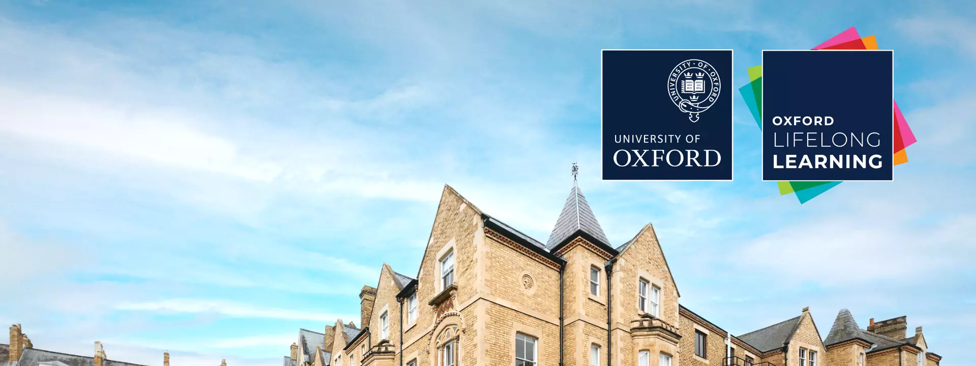 Rewley House in Oxford, home of Oxford Lifelong Learning, shown with University of Oxford and Oxford Lifelong Learning logos overlaid in the top right.
